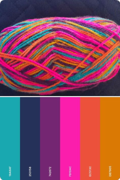 Colour Palette Inspiration - Vivid Yarn on Dark Blue Background. Blues, Purples, Pinks and Oranges. Taken From Multicoloured yarn on a blue cushion. Bright Colours Aesthetic, Colour Palette Inspiration, Neon Colour Palette, Teal Color Palette, Me Pictures, Orange Pink Color, Color Design Inspiration, Orange Color Palettes, Purple Color Palettes