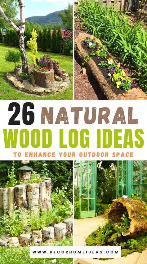 Small Logs Ideas, Log In Garden, Log Planters Diy, Log Yard Ideas, Wood Log Garden Ideas, Rustic Wood Planters Outdoor, Repurpose Tree Stump, Wood Stumps Ideas, Ideas For Logs