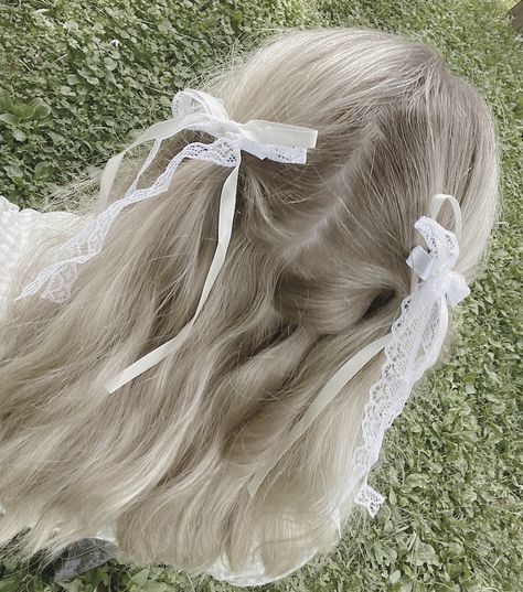 #hair #hairstyles #bows #ribbon #lace #pigtails #aesthetic #coquette #coquettestyle #gloomycoquette #hairideas #hairstyleideas #hairinspo #coquettehairstyle #ponytail #halfuphalfdown Lace Bows In Hair, Colette Hairstyle, Coquette Hair Bow, Coquette Ribbon Hair, Lace Bow Hairstyle, Blonde Pigtails Aesthetic, Lace Ribbon Hair, Braided Bow Hairstyles, Pigtail Ribbons