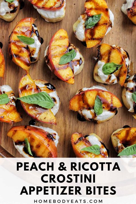 Looking for an easy summer appetizer recipe? You have to try these peach, lemon, and ricotta crostini bites. They're made with crusty baguette bread slices, along with some ricotta and balsamic glaze. I'll teach you how to make crostini using the grill, which is perfect for all your upcoming summer parties. Peach Baguette Appetizer, Grilled Peach Crostini, Grilled Peach And Ricotta Crostini, Peach And Ricotta Crostini, Peach Crostini Appetizers, Baguette Appetizer Ideas, Baguette Bites, Summer Crostini, Peach And Ricotta