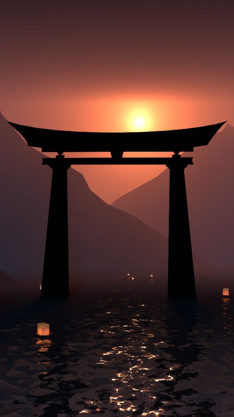 iPhone Wallpaper - Torii Gate to a sacred Shrine on a lake during sunrise. Japanese Shinto Tokyo Photography, Japanese Wallpaper Iphone, Japanese Shrine, Sunrise Lake, Torii Gate, Ghost Of Tsushima, Aesthetic Japan, Japanese Architecture, Japanese Aesthetic