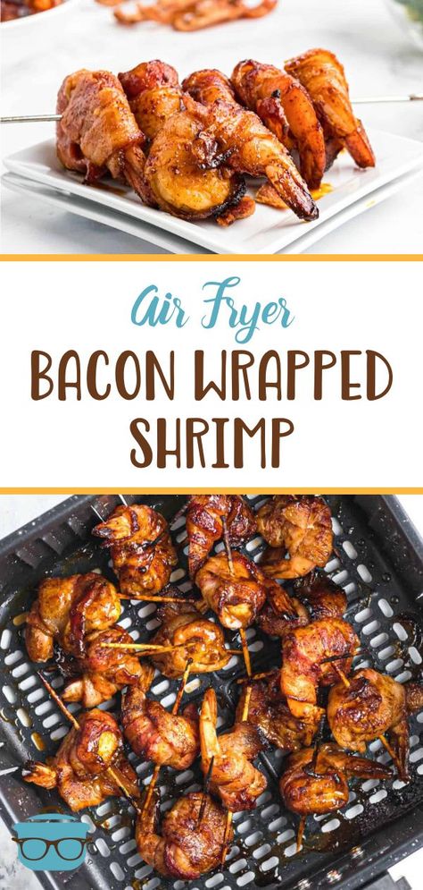 This easy recipe for Air Fryer Bacon Wrapped Shrimp tastes so fancy but whips up in minutes! Delicious flavors with a touch of barbecue. Makes the perfect appetizer or main dish! Air Fryer Bacon Wrapped Pineapple, Bacon Wrapped Shrimp With Cheese, Bacon Wrapped Ideas, Air Fryer Bacon Wrapped Shrimp, Bacon Wrapped Shrimp Air Fryer, Easy Bacon Wrapped Shrimp, Bacon Wrap Shrimp Recipes, Air Fry Bacon, The Country Cook Recipes