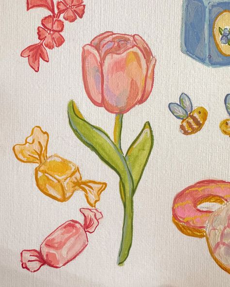 I think I’m finally getting the hang of gouache paints! 🥹 It’s been a busy week creating live on stream each day and I’m loving the progress I’ve been making with my art! Let me know which one of these mini paintings you like the best?! I’m torn between the jam and the tulip but then again the sweets are pretty cute!!! 🫐🌷 . #artistoninstagram #gouachepainting #gouache #smallstreamer #twitchstreamer #creative Painting Gouache Ideas, Flowers Cute Drawing, Gouache Art Easy, Cute Small Paintings, Easy Gouache Painting Ideas, Paint Doodles, Tulips Illustration, Tulip Art, Gouache Paints