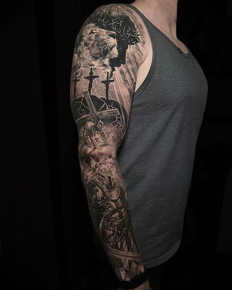 Cross Half Sleeve Tattoo Men, Christian Full Sleeve Tattoo Men, Christian Half Sleeve Tattoo, Christian Warrior Tattoos For Men, Jesus Sleeve Tattoo Men, Crusade Tattoo, Christian Leg Sleeve Tattoos, Christian Tattoo Sleeve Ideas For Men, Holy Tattoos For Men