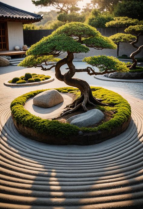 31 Gorgeous Rock Garden Ideas For Your Outdoor Oasis Front Yard Zen Garden Landscaping Ideas, Circular Garden Design Landscaping, Japanese Gravel Garden, Garden Trees Ideas, Bonsai Garden Landscaping, Bonsai Garden Ideas, Japanese Rock Garden Ideas, Circular Garden Design, Front Yard Garden Ideas