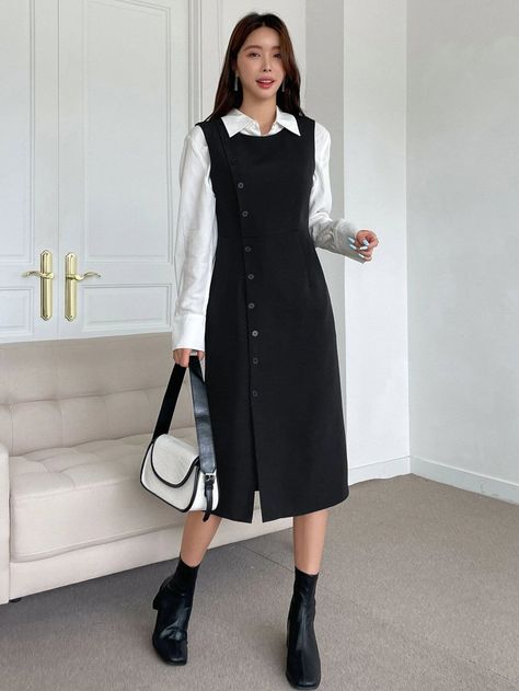 [AffiliateLink] Women Overall Dresses Vintage Black Round Neck Button Front - Etsy #cuteschooloutfitsblackwomen Dress With Shirt Underneath, Overall Dresses, Jumper Dress Outfit, Cute School Outfits, Stylish Short Dresses, Her Office, Elegant Fabric, Outfits Petite, Muslim Fashion Outfits