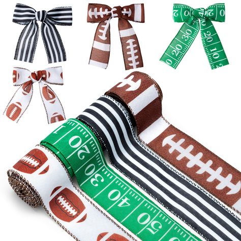 PRICES MAY VARY. PACKAGE INCLUDES: There are 4 rolls of rugby themed ribbons in the set, providing plenty of material for a variety of DIY creative projects and rugby game decorations! SIZE: Each roll of ribbon is about 6 yards long, 24 yards in total and about 1.97 inches wide. You can use them to decorate gift boxes or create bows for your hair to add flair to rugby games. MATERIAL: These ribbons are made of polyester fabric with stitched lockstitch and wire wrapped edges, easy to bend and fol Diy Cowbells For Football, Game Decorations, Homecoming 2024, Edges Easy, Rugby Games, Football Decor, Homecoming Mums Diy, Gift Wrap Ribbon, Football Theme