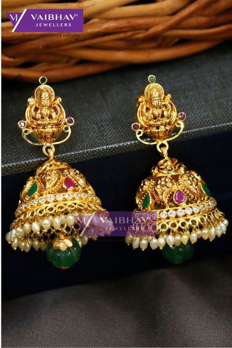 Vaibhav Jewellers 22K Ruby Emerald CZ Hangings 76VG4229 Gold Earrings Designs Buttalu, Matilu Designs Gold With Grams, Butta Kammalu Gold Designs, Jumka Gold Designs, Buttalu Earrings Gold, Gold Buttalu, Small Earrings Gold, Gold Jewels Design, Neck Pieces Jewelry