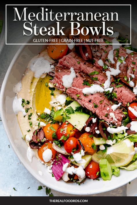 Real Mediterranean Diet, Mediterranean Recipes Steak, Metteranian Diet Recipes, Steak Grain Bowl, Mediterranean Diet Recipes Dinners Beef, Steak Power Bowl Recipe, February Outfit Ideas 2023, Dietbetic Meal, Mediterranean Diet Recipes Meal Prep