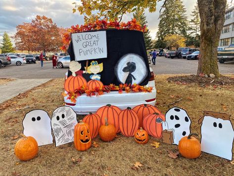 Trunk Or Treat The Great Pumpkin, Trunk Or Treat Great Pumpkin, Trunk Or Treat Ideas Charlie Brown, Trunk Or Treat Preschool Ideas, Woodland Trunk Or Treat, Trunk Or Treat Family Costumes, It’s A Great Pumpkin Charlie Brown Trunk Or Treat, Trunk Or Treat Charlie Brown, Pumpkin Trunk Or Treat Ideas