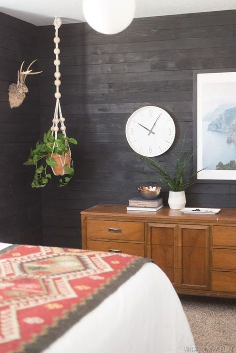 Rustic Black Shiplap Bedroom:  An edgier take on the trend, black shiplap is a great way to combine contemporary and classic. Check out these stunning interiors that embraced shiplap's bolder, moodier side. Studio Mcgee Fireplace, Stained Shiplap, Shiplap Bedroom, Black Shiplap, Small Bedroom Remodel, Wallpaper Bathroom, Shiplap Wall, White Shiplap, Vintage Revival