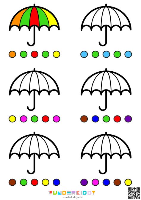 Coloring worksheets «Umbrella» for toddlers are meant to develop the most important preschool skills and abilities: hand-eye coordination, attention to details, logical thinking and graphomotor skills. The task is to color umbrellas according to the sample given below.  Print free coloring activity sheets and use them for preschool learning in kindergarten or at home. On each page you find 6 umbrellas contours and color sample under each contour. You can ask a child to color umbrellas in exact c Activity Sheets For Kindergarten Free Printable, Hand Eye Coordination Activities Preschoolers, Eye Hand Coordination Activities Preschool, Find And Color Free Printable, Logic Worksheets For Preschool, Attention Activity Worksheets, Eye Hand Coordination Worksheets, Umbrella Activity For Kids, Color Activity For Kindergarten