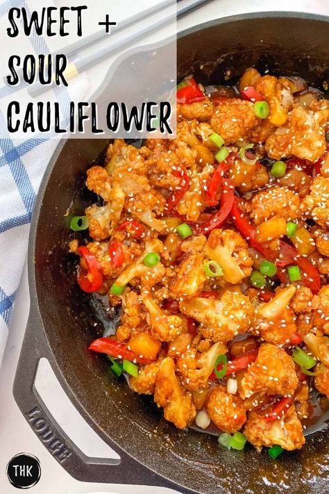 Another cauliflower win! This vegan sweet and sour cauliflower is sweet, sticky, and so incredibly delicious! Serve it over brown rice for the ultimate comfort dish that tastes WAY better than takeout. Sweet And Sour Cauliflower, Vegan Sweet And Sour, Better Than Takeout, Vegetarian Foods, Wfpb Recipes, Vegan Asian, One Dish Dinners, Kitchen Witchery, Cauliflower Bites