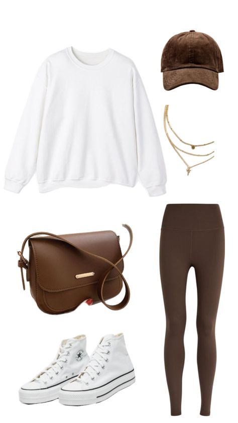 Brown leggings outfit, white sweatshirt outfit, fall outfit, brown outfit, cozy outfit Espresso Leggings Outfit, Chocolate Leggings Outfits, Brown Legging Outfits, Dark Brown Leggings Outfit, What To Wear With Brown Leggings, Outfits With Brown Leggings, Brown Leggings Outfit Winter, How To Style Brown Leggings, Brown Leggings Outfit Casual