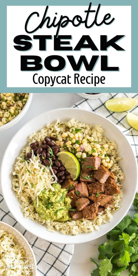 With this Chipotle Steak Bowl Copycat recipe, you can make all the delicious flavors of everyone’s favorite Tex-Mex restaurant in your own kitchen. A burrito bowl has all the great ingredients of a burrito without the tortilla. All Chipotle burrito bowls are flavorful and delicious, but the steak bowl is especially great! Chipotle Steak Bowl, Steak Burrito Bowl Recipe, Steak Burritos, Chipotle Steak, Steak Bowl, Chipotle Copycat Recipes, Chipotle Burrito Bowl, Chipotle Burrito, Steak Dinner Recipes