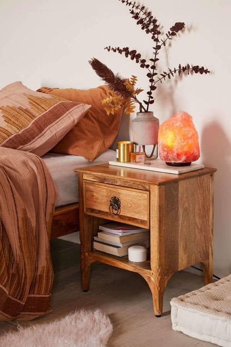 Andrea Carved Nightstand  | Scandinavian Interior Design | #scandinavian #interior Carved Nightstand, Furnitur Ruang Keluarga, Cute Dorm Rooms, Room Transformation, Styl Boho, Retro Home Decor, Night Stand, Retro Home, Boho Bedroom