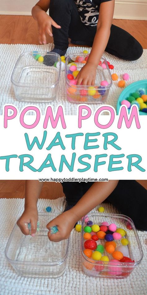 POM POM WATER TRANSFER – HAPPY TODDLER PLAYTIME Waterplay Ideas, Water Play Activities, Preschool Fine Motor Activities, Pom Crafts, Easy Toddler Activities, Sensory Ideas, Preschool Fine Motor, Motor Skills Activities, Pom Pom Crafts