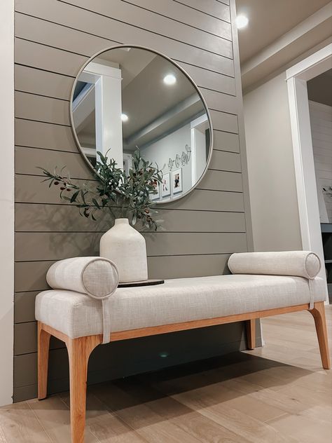 Slanted Wall Entryway Ideas, Front Entrance Feature Wall, Shiplap Wall Front Entrance, Front Entryway Accent Wall, Landing Area Ideas Entryway, Shiplap Front Entry, Front Entry Accent Wall, Small Entry Accent Wall, Shiplap In Hallway