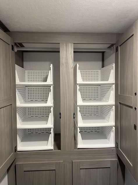 RV Storage and Organizing Ideas | Finally got my closet organizers from Amazon and I’m in love. Rv Shelves Ideas, Small Rv Closet Ideas, Camper Interior Storage Ideas, Small Camper Clothes Storage, Rv Cleaning Supply Storage, Scamp Camper Storage Ideas, Trailer Ideas Organizing, Rv Closet Shelves, Clothes Storage Camper