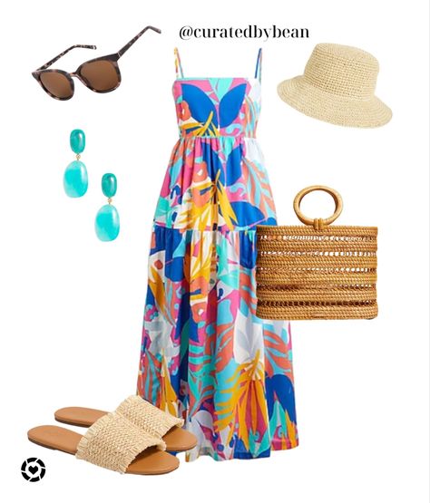 Dresses For Island Vacation, Plus Size Summer Beach Outfits, Cruise Clothes For Women, Dresses Preppy, Outfit Comodo, Bright Dresses, Resort Outfits, Sandals Outfit Summer, Straw Accessories