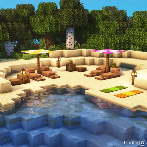 Minecraft Beach House Decor, Outdoor Patio Ideas Minecraft, Beach In Minecraft, Minecraft Beach Building Ideas, Minecraft Beach Aesthetic, Minecraft Beach Path, Beach Decor Minecraft, Cute Minecraft Builds Outside, Island Builds Minecraft