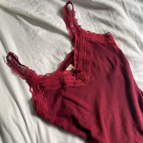 Red Lace Cami Outfit, Lace Tank Tops Outfit, Red Brandy Melville Top, Lace Cami Y2k, Rikki Chadwick, Red Lace Tank Top, Depop Y2k Tops, Coquette Tops Depop, Lace Cami Top