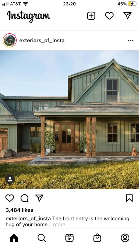 Earthy Siding Colors, Rustic Green Exterior House Colors, Green Board And Batten Vinyl Siding, Cedar Wood House Exterior, Green And Wood Exterior House, Light Green Board And Batten Exterior, Olive Green Barndominium, Farmhouse Cabin Exterior, Green House With Wood Accents