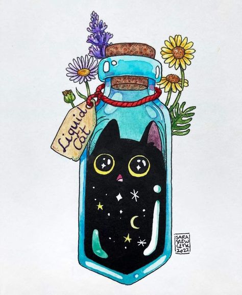 Cat And Flowers Drawing, Cute Cat Drawing Doodles, Cats Are Liquid, Liquid Cat, Magical Potion, Bottle Drawing, Magic Cat, Sketch Inspiration, Blue Bottle