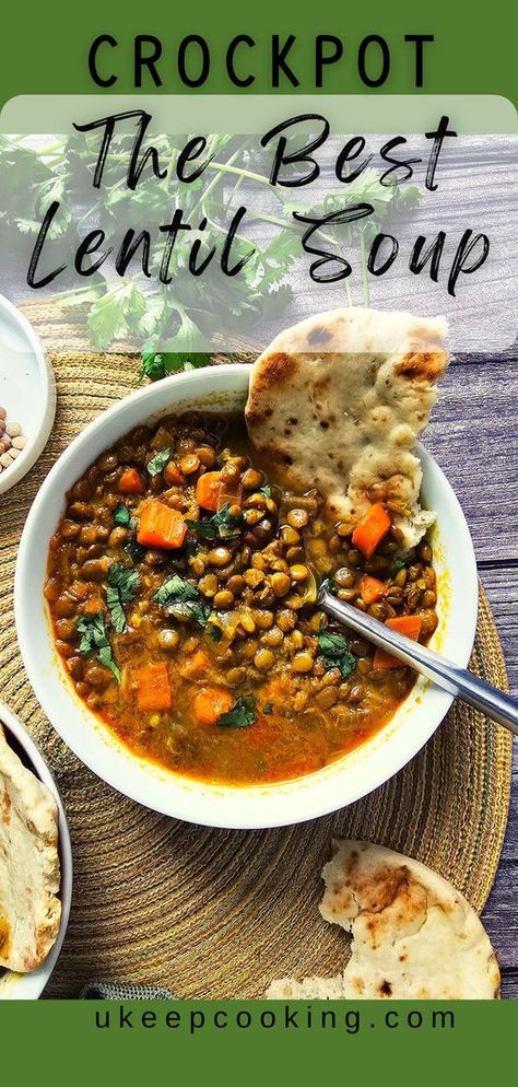 Warm up with The Best Lentil Soup! This easy-to-make recipe is packed with Mediterranean flavors, nutritious ingredients, and a comforting blend of spices. Just toss everything in your crockpot or slow cooker, and let it cook to perfection while you go about your day. With tender lentils, hearty veggies, and hints of garlic, cumin, and thyme, this healthy soup is a satisfying choice for any day of the week. Lentil Recipes Crockpot, Crockpot Lentil Soup, Lentil Soup Crockpot, Best Lentil Soup, Slow Cooker Lentil Soup, Slow Cooker Lentils, Lentil Soup Recipes, Easy One Pot Meals, Fall Soups