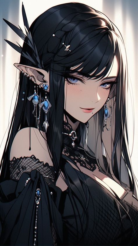 Elf Vtuber, Anime Elf Woman, Demon Ocs, Elf Woman, Anime Handsome, Insta Pfp, Black Hair Blue Eyes, Anime Elf, Elf Girl