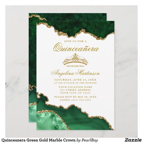 Quinceanera Green Gold Marble Crown Invitation Emerald Green Quinceanera Invitations, Xv Invitations Green, Emerald Green 15 Invitations, Green And Gold Quince Invitations, Emerald Green And Gold Invitations, Quinceanera Green, Emerald Green Sweet 16 Invitations, Era Birthday Party, Emerald Green Quince Invitations Butterfly