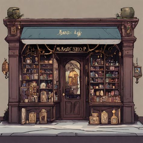 Fantasy Bookstore Concept Art, Fantasy Book Store Concept Art, Witch Store Illustration, Book Store Concept Art, Magic School Exterior, Magical Shop Aesthetic, Magic Shop Fantasy Art, Magic Shop Concept Art, Dnd Shop Art