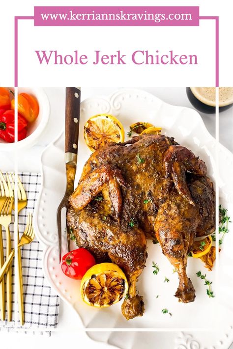 Whole Jerk Chicken, Baked Hen Recipe, Jerk Chicken Crockpot, Jerk Recipes, Whole Chicken Recipes Oven, Baked Jerk Chicken, Jerk Chicken Marinade, Jerk Recipe, Whole Baked Chicken