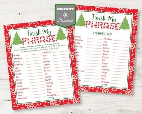 Finish My Phrase Game, Finish My Phrase, Party Games Christmas, Holiday Facts, Games Christmas, Gratis Printables, Class Games, Holiday Party Games, Game Party