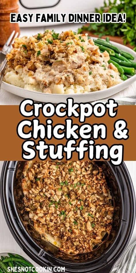 Crockpot chicken and stuffing photo collage with text overlay. Chicken Thigh And Stuffing Recipes, Crockpot Chicken Stuffing Recipes, Crock Pot Chicken And Stuffing Recipe, Chicken And Stove Top Stuffing Casserole, Chicken Stove Top Recipes, Oven Brats, Crockpot Chicken Thighs Recipes, Quick Bagel Recipe, Chicken And Stove Top