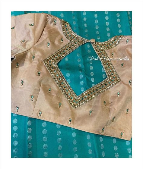 Instagram photo by Moksh Blouse Studio • Mar 6, 2020 at 7:58 PM Simple Maggam Work Blouse, Simple Maggam Work, Stone Work Blouse, Raw Silk Blouse, Cotton Blouse Design, Maggam Work Blouse, Maggam Work Designs, Traditional Blouse Designs, Blouse Design Images