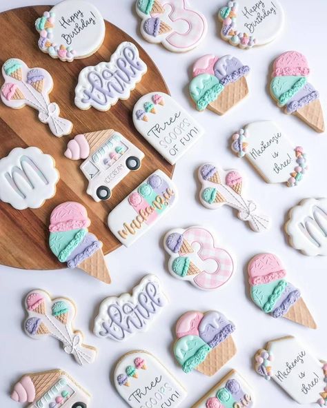 Three Scoops Of Fun, Ice Cream Birthday Party Theme, Third Birthday Girl, Cutout Cookie, Royal Iced Cookies, Crazy Cookies, Ice Cream Birthday Party, Ice Cream Theme, Third Birthday Party