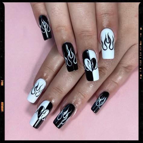 Nails Flame Nails Black And White, Black And White Flames Nails, Black Nails White Flames, Ghost Flame Nails, Black And White Flame Nail Designs, Red And Black Flame Nails, Nail Flame Design, Nail Ideas Flames, Black And White Flame Nails