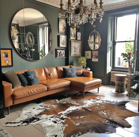 Amber Living Room, Leather Sectional Living Room, Brown Sofa Living Room, Western Living Room, Cowhide Cushions, Leather Sofa Living Room, Cowhide Rugs, Boho Room, Leather Couch