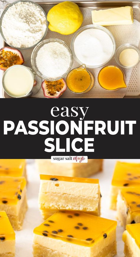 Magic Slice Recipe, Passion Fruit Slice, Mango Passionfruit Cake, Jelly Slice Recipe, Passion Fruit Dessert Ideas, Passionfruit Biscuits, Passionfruit Custard, Fruit Based Desserts, Fruit Slice Recipe