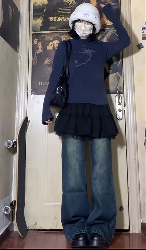 Denim Dress Y2k, Mini Skirt Over Jeans, Lain Iwakura Inspired Outfits, Jeans Under Skirt Outfit, Jeans With Skirt Overlay, Skirt With Jeans Underneath, Pants Under Skirt Outfit, Outfits Not Cropped, Skirt On Pants