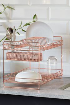 2 Tier Dish Drainer £28 Rose Gold Room Decor, Rose Gold Rooms, Penyimpanan Makeup, Gold Kitchen Accessories, Rose Gold Kitchen, Dish Drainers, Gold Kitchen, Copper Kitchen, Pink Kitchen