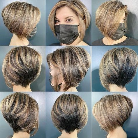 Stacked Inverted Bob with V-Cut Nape Bob Inverted, Inverted Bob With Balayage, A Line Inverted Bob, Back Of Bob Haircut Stacked, Inverted Angled Bob, Short Reverse Bob Haircut, Short Reverse Bob, Back View Of Bob Hairstyles Layered Hair, High Back Bob Haircut