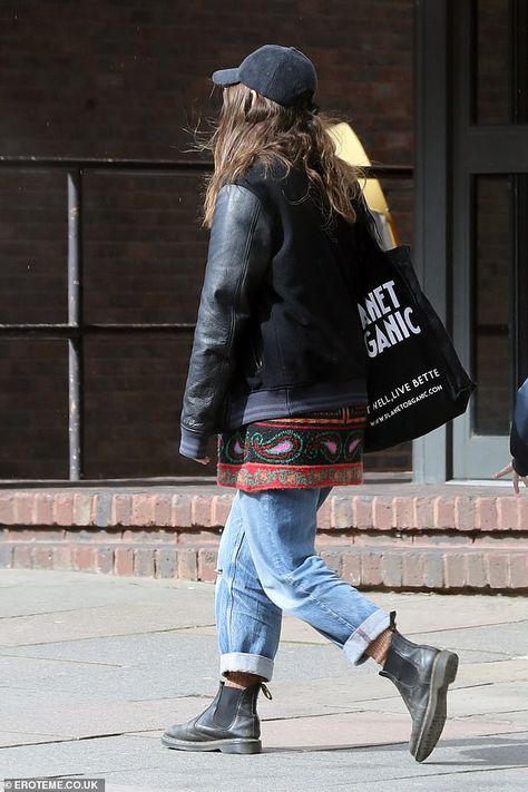 Dressing for the UK's breezy spring weather, the actress wore an oversized leather biker jacket, a black corduroy cap and some black Dr Marten Chelsea boots Chelsea Boots Doc Martens Outfit, Dr Martens Flora Chelsea Boots Outfit, Chelsea Dr Martens, Dr Marten Chelsea, Dr Marten Chelsea Boots, Chelsea Boots Doc Martens, Dr Martens Chelsea, Chelsea Boots Outfit, Bend It Like Beckham