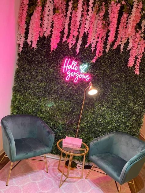 Esthetician Room Decor Pink, Podcasts For Women Decor, Boutique Picture Wall, Salon Decorating Ideas Luxe, Grass Wall With Neon Sign Living Room, Ig Wall Ideas, Interior Design Makeup Studio, Color Palette For Salon, Girly Salon Decor