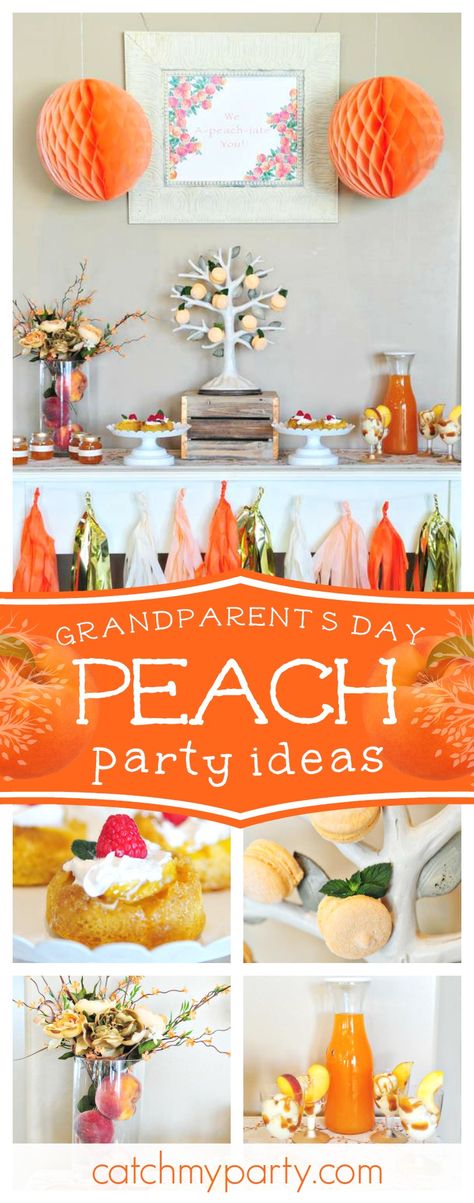 Take a look at this gorgeous Peaches Grandparent's day party. The tree with peach macarons is adorable!! See more party ideas and share yours at CatchMyparty.com #peach #grandparents Grandparents Day Food Ideas, Grandparents Day Party Ideas, Flower Party Themes, Moving Party, Party Food For Adults, Peach Festival, Grilling Ideas, Party Like Its 1999, Peach Party