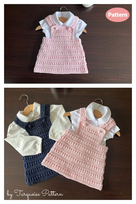 Crochet Pattern Toddler Dress, Dolls Knitted Pinafore Dress, Crochet Pinafore Dress Pattern Free, Free Knitting Patterns For Toddlers, Crochet Pinafore Dress, Newborn Crochet Patterns Free, Daisy Clothes, Baby Pinafore Dress, Pinafore Dress Pattern