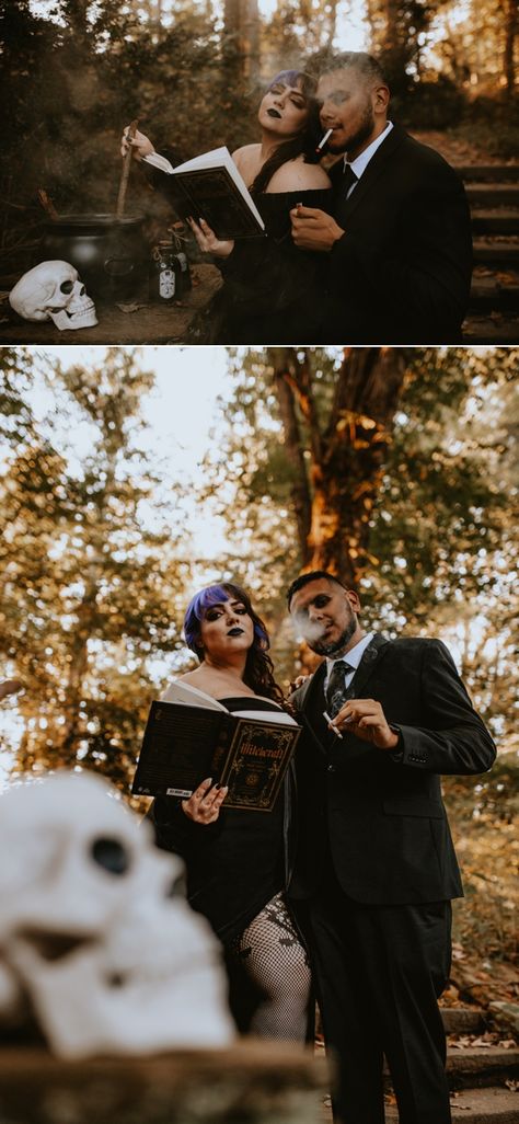 Horror Engagement Photos, Halloween Engagement Photos, Goth Engagement Photos, Spooky Engagement Photos, Halloween Engagement Pictures, Spooky Couples Photoshoot, Dark Engagement Photos, Witchy Photoshoot, Halloween Engagement