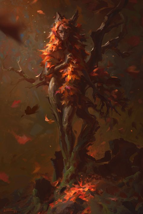 Tree People Art, Autumn Character Art, Dnd Dryad Race, Autumn Concept Art, Leshy Art, Autumn Character, Dark Fey, Forest Dryad, Male Dryad