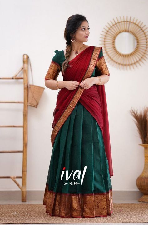 Half Saree Red And Green, Half Saree Cotton, Narayani Pattu Half Sarees, Poses On Half Saree At Home, Dark Green Langa Voni, Cotton Half Saree Designs, Pattu Voni Half Saree, Half Sarees Design, Green Pattu Lehenga Half Saree